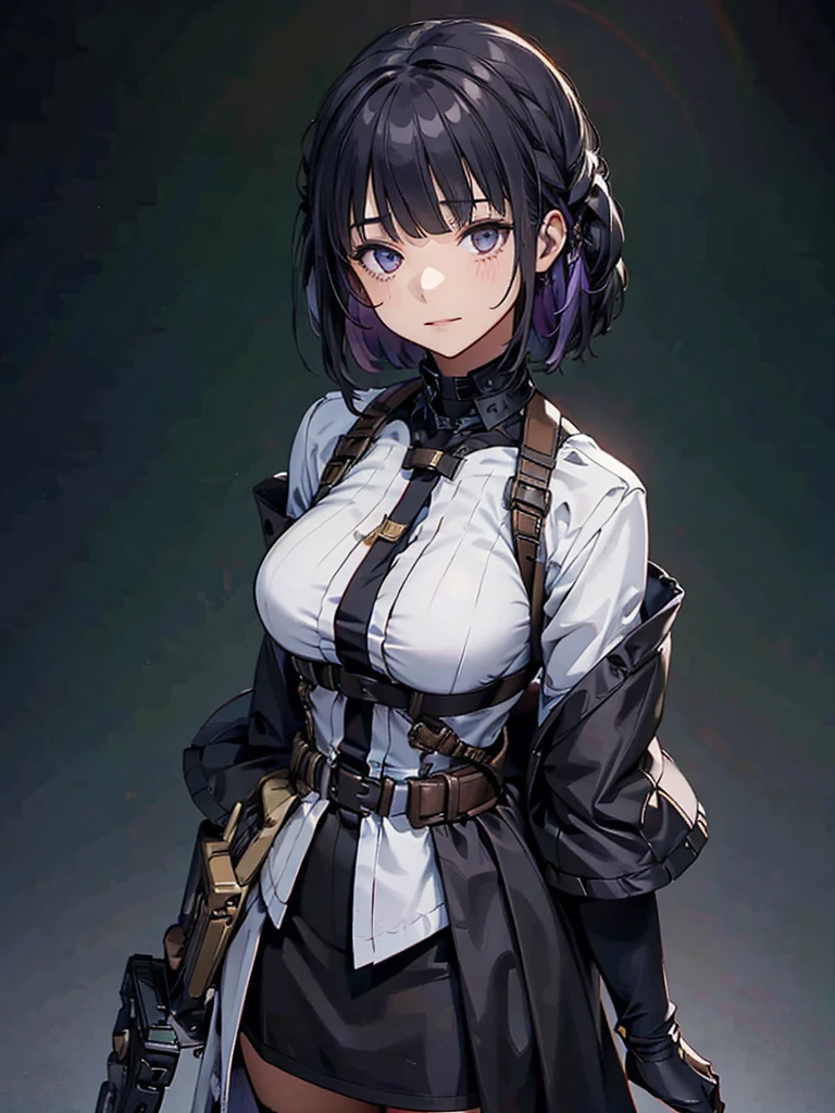Holding a steampunk long barrel pistol, ((masterpiece_Portraiture)),(beautiful girl),(Pixiv),(Fantasy), In the spotlight, The background is a dark and desolate landscape, Horror movie atmosphere. Her figure is very beautiful, Emphasizing the dark and crazy elements. Skillfully expressing the effects of light and shadow, detailed, The face and expression of the black costume are also carefully drawn.....,(Tilt your head:1.2), ([sketch|watercolor \(Moderate\)]:1.15),Chaotic abstract background, Vector Trace, Gradient blending and whole body, Artistic elements add depth to the work. The overall atmosphere is creepy and nightmarish....., With a unique artistic touch. This movie is、The dark and crazy world of horror movies depicted in HD., Evoke visual stimuli and aesthetic sense
