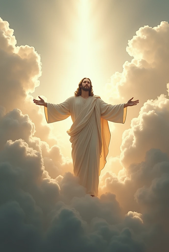 Jesus Christ with open arms, in the sky above the clouds