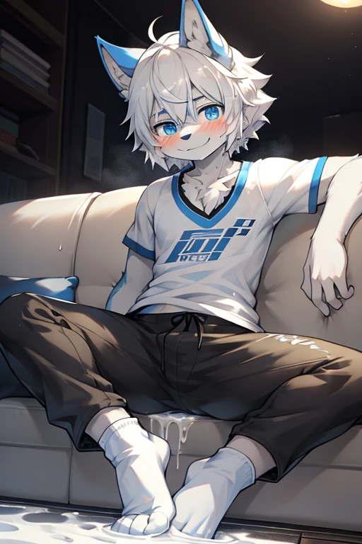, White and blue fur, blue eyes, Messy hair, White hair, short hair, masterpiece, Very detailed,,,solo,Sitting,,,Looking at the camera,On the sofa,Wolf Man,Gray sports top,Black trousers,White Socks,Sweating,White liquid on the body,pant,Smile,blush,There is a white liquid on the hands,Soaked clothes