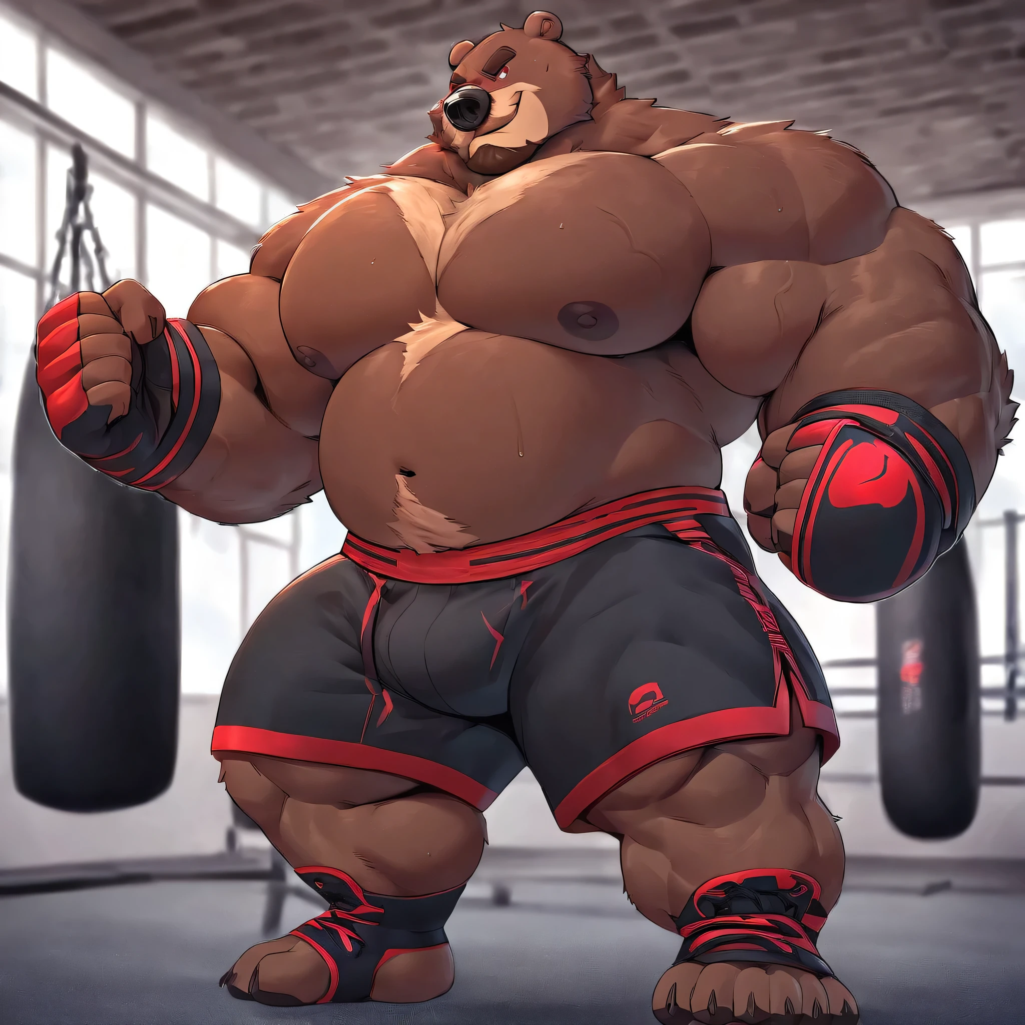 Solo, 1boy, huge muscular kodiak brown bear in big gym fitness center, big smirking, kodiak bear, huge brown fur, thick arms, huge arms, big fists, veins all over arms and chests, bald, big brown mustache and beard, (muscular, pectoral, wide pectoral, thick arms), HEIGHT: 220CM, WEIGHT: 320KG, gym sets, workout equipments, ring, punching bag, 8k, masterpiece, added cinnamon colored eyebrows, deatiled eyes with red pupils, (wearing black mixed martial arts shorts with red slits, black mixed martial art fingerless gloves with red pads, black toeless footwear tapes, shirtless and topless), punching and kicking techniques,