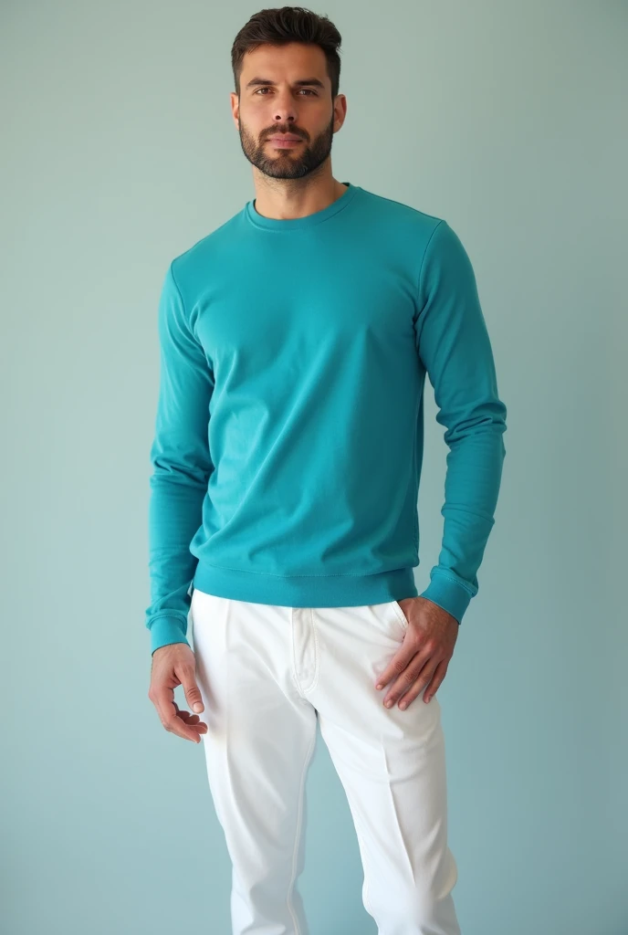 A man with white pants and a turquoise blue long-sleeved shirt