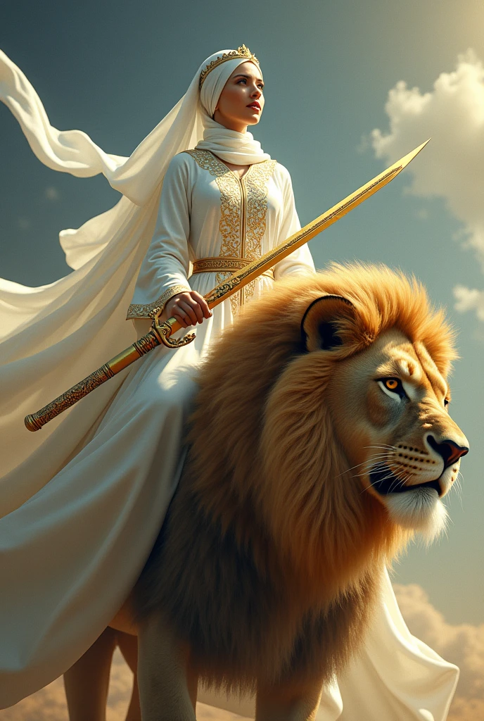 A princes which is wearing a hijab and a long white dress is biking a lion. Her hand is holding a long golden sword. The image is on a backward seen.