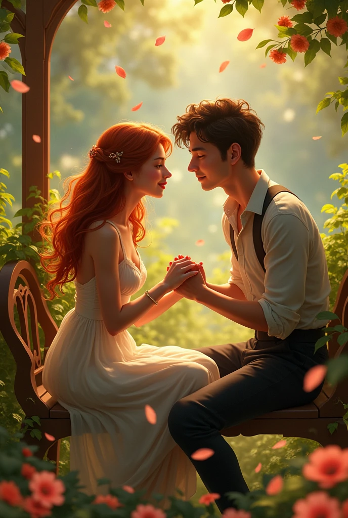 Create a photo of two young lovers sitting on a bench in a scenic setting, the woman holding the man's hand.