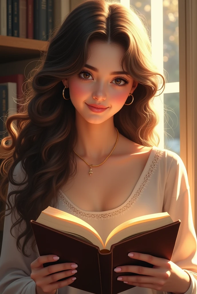 Give me the most beautiful woman about 19 years and she is reading book which is hanging her hands with A heart-warming smile and look at me.Her hair is more long,
gorgeous and thick. Give me different countries every time.