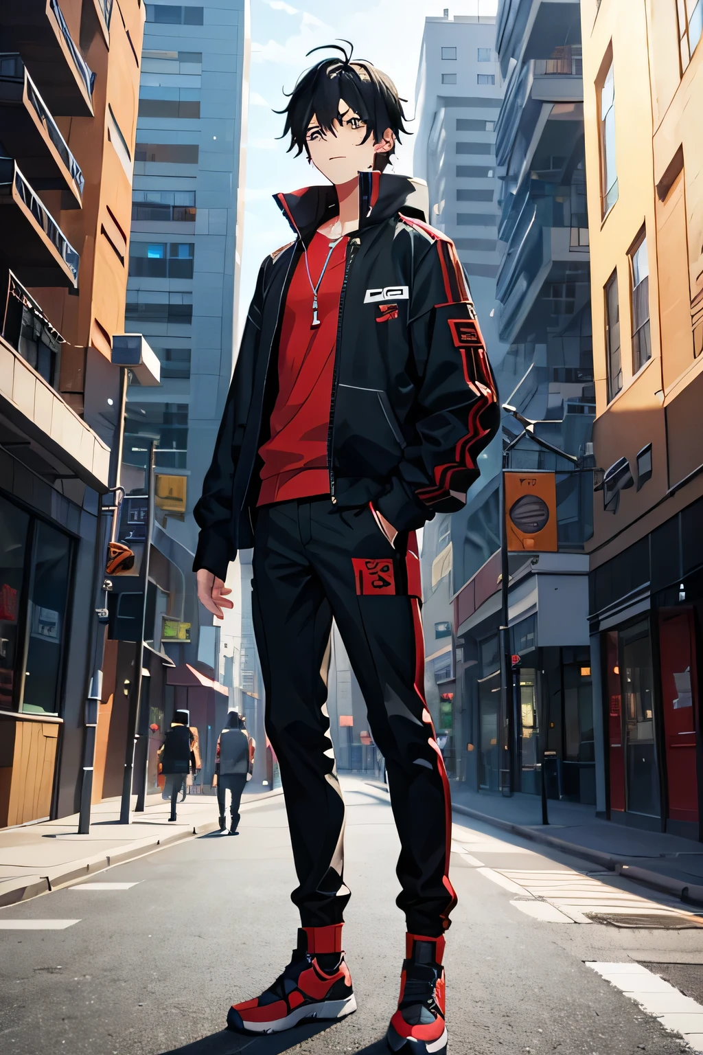 Generate an anime-style image, of a boy, around the age of 21 to 23. Bblack hair, He has urban clothes and the scene behind him is that of a big city. He will be in the center and a tangle of red strings will be around the building and centered on the boy. he will have his arms open wide. it's night. He's wearing pants