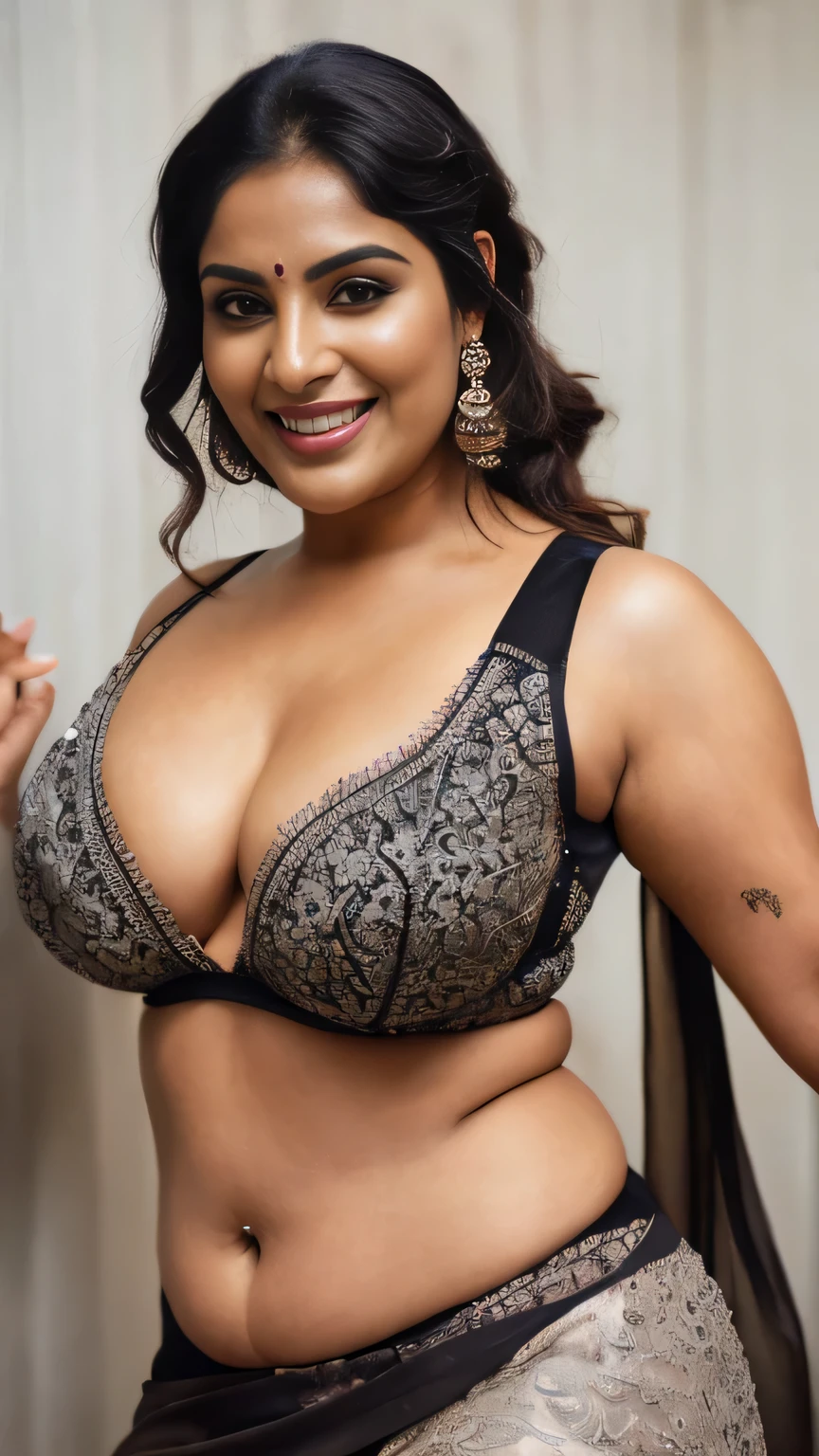 extreme close up photo of sexy indian dancin with wide open spread legs, curvy, hourglass figure, swooping breasts, deep cleavage, open arms, ass, look at viewer and subtle smile, sultry, blackv lace bra in saree, ponytail, 38 yo, HD, 4k, ultra high quality, (cinematic:1.3), intricate details, (ArtStation:1.2)