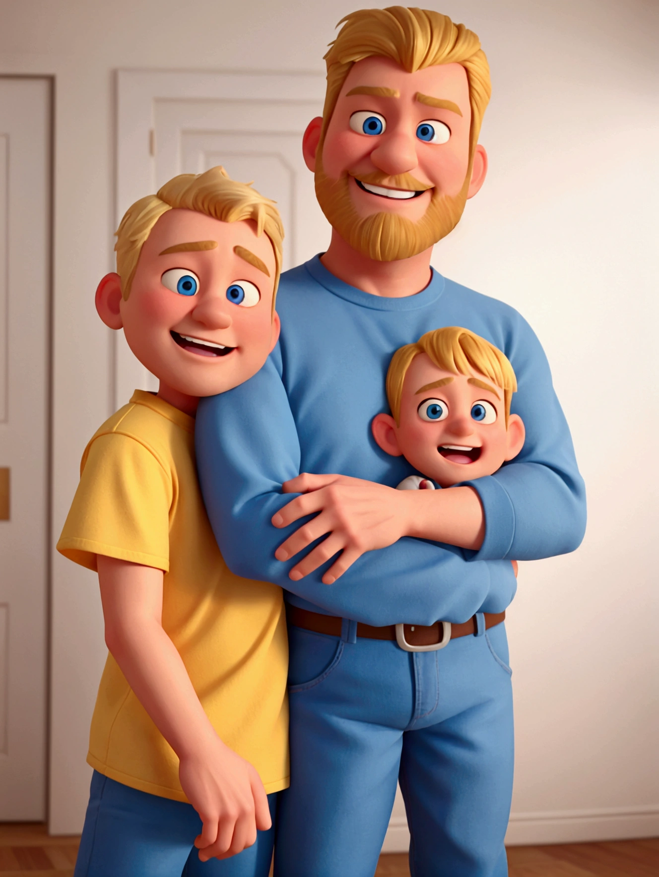Pixar-inspired 3D poster of a middle-aged man with short blond hair and a medium beard, hugging his 8-year-old son, both blond with blue eyes and a happy expression.