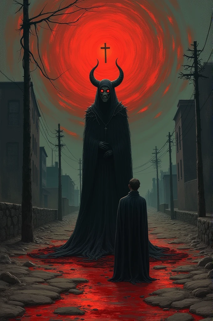 Creatures of mythology, By Zdzislaw Beksinski and Van Gogh, Surrealism, futurist ,Satan, coral, Wizard, abstract, sombre, rouge, hell, landscape, Mix these three images: Tramp on his knees, Bright anime boy with a cross in the distance, man on dark street, vampire, yeux rouge