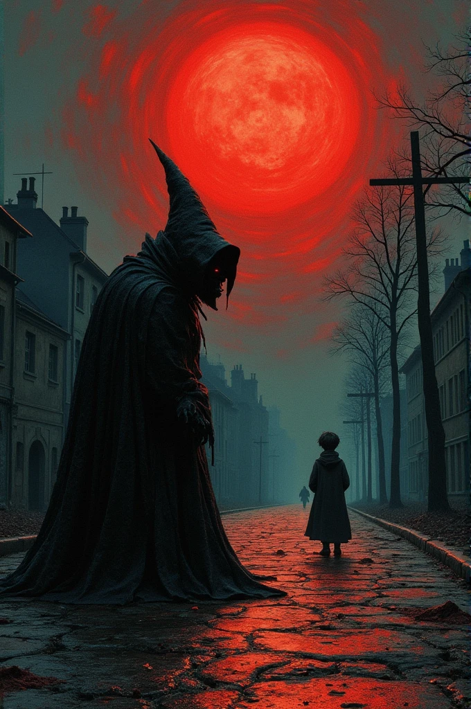 Creatures of mythology, By Zdzislaw Beksinski and Van Gogh, Surrealism, futurist ,Satan, coral, Wizard, abstract, sombre, rouge, hell, landscape, Mix these three images: Tramp on his knees, Bright anime boy with a cross in the distance, man on dark street, vampire, yeux rouge