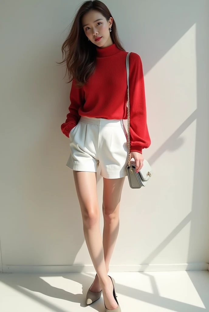 Zhao Liying wearing white shorts, high heels and handbag photo