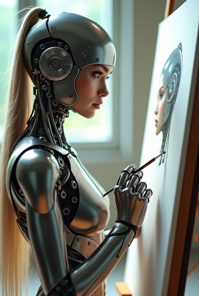 A cyborg girl stands in the center of a large bright studio and is engaged in creating her self-portrait on canvas. She is depicted in all her majestic beauty and elegance. Her metallic skin reflects the light, creating a play of hues and highlights like an expensive piece of jewelry. Her long metal hair frames her face, giving her a mysterious and alluring look. Her bright eyes, in which light shimmers, stare straight ahead with confidence and the strain of creative inspiration. The cyborg girl is depicted in a graceful pose, showing off her grace and strength as well as the fine workings of her mechanical limbs. Her hands hold brushes and are immersed in the creative process of creating a stunning work of art. The outline of the self-portrait she is creating with oil paints is already outlined on the canvas. The drawing begins to come to life under her dexterous fingers, gaining depth and volume, and the coating of color fills the canvas with bright hues and rich colors. This entire moment is captured in a gorgeous and amazing scenario that combines the beauty of art, power and technological advancement to make the cyborg girl a unique and inspiring image.