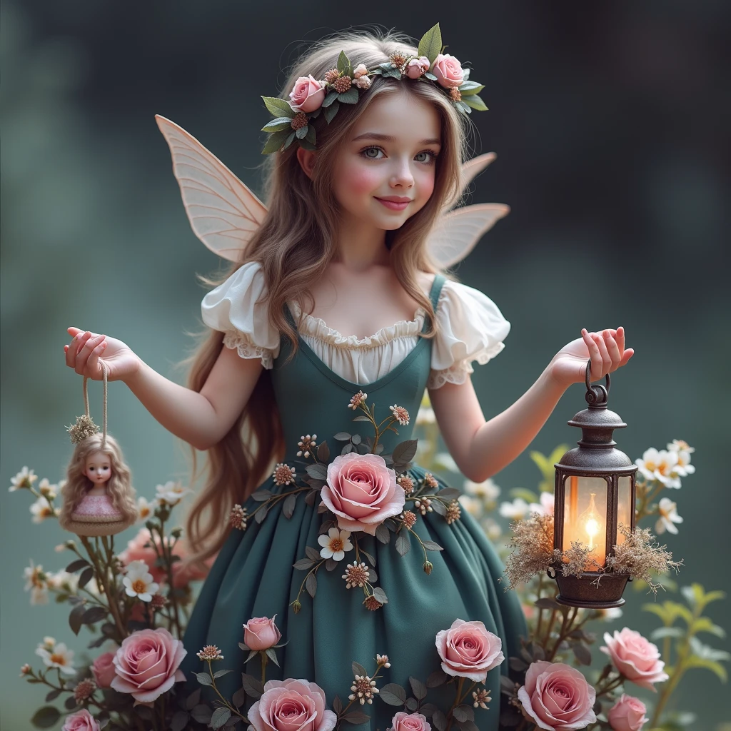 On a green background with roses, little fairies with transparent wings fly holding lanterns decorated with flowers, Provence style.