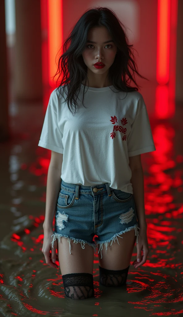 masterpiece, sensation:1.0, attention-grabbing:1.2, void background, teen-age girl,t-shirt, black latex pattern stockings, cut-off jeans shorts, mud sinking, void background, red lips