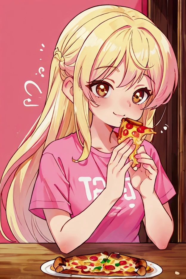 13 year old girl eating pizza, pink t-shirt, blonde hair, brown eyes, happy expression