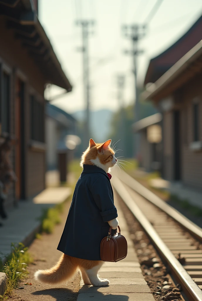35mm lens,Multiple angles,Countryside scenery,Suburban,Cat,Standing,Personification,Back,side,silhouette,Overhead shot,Cat,Standing,doll,Carrying a small school bag,tram,Hokkaido,Autumn Station,Wooden house,Platform, cloak,Ruan Jia,Suit,tie, (Delicate face), (Fine fluffy fur),(35mm Cinema Lens),(Multi-angle shooting),(many viewing angles)