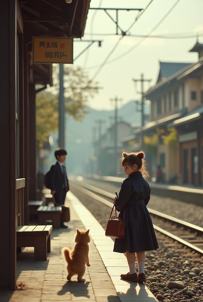 35mm lens，Multiple angles，Countryside scenery，Suburban，Cat，Standing，Personification，Back，side，silhouette，Overhead shot，Cat，Standing，doll，Carrying a small school bag，tram，Hokkaido，Autumn Station，Wooden house，Platform， cloak,Ruan Jia,Suit,tie, (Delicate face), (Fine fluffy fur)，（35mm Cinema Lens），（Multi-angle shooting），（many viewing angles）