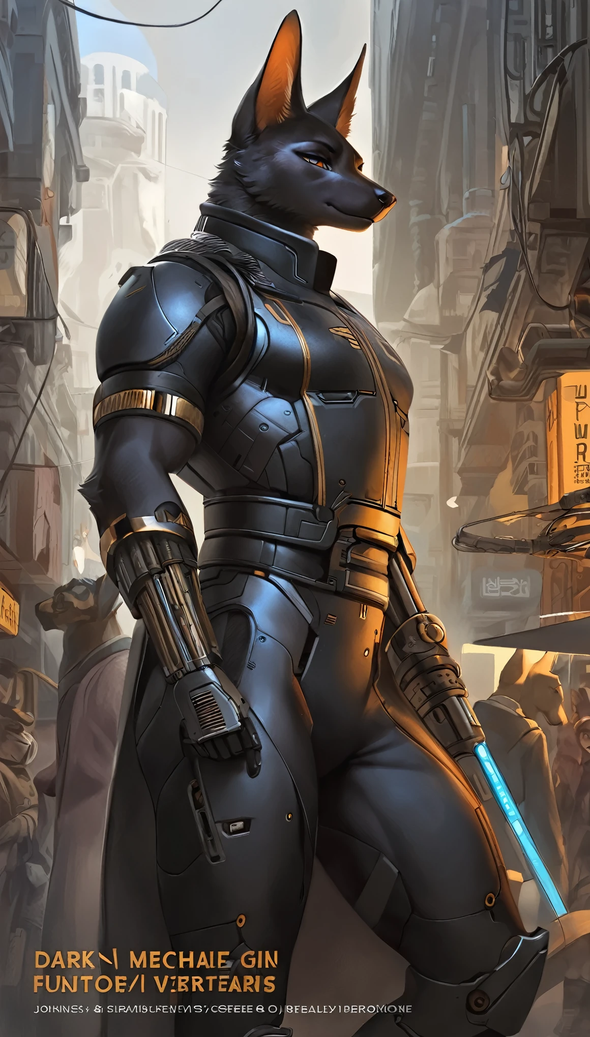 cover page, highres, top quality, best quality, paid reward available, unparalleled masterpiece, perfect artwork, absurdres, High-quality illustrations by Johannes Vermeer, Dark_Fantasy, Cyberpunk, steam punk(super handsome girl, muscular, single, black fur, anubis, kemono)Mechanical marvel, Robotic presence, Cybernetic guardian, robotic arm, wearing a worn-out light combat suit, intricate(steel metal, rusty)(furry anthro:1.7)(Furry body, anubis facial features, anubis body features)elegant, clear focus, shot by greg rutkowski, soft lighting, vibrant colors, masterpiece((street))cowboy shot, dynamic angle,