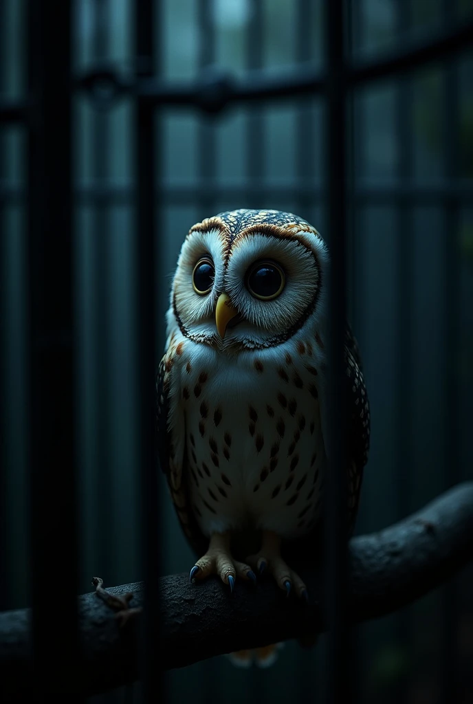 Night darkness、In a cage at the zoo、A thoughtful, deeply worried owl