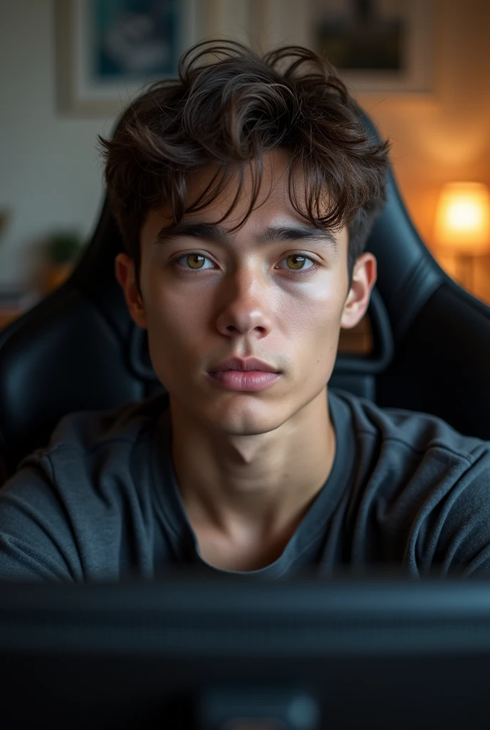 YouTube-sized image of a young man in his room sitting on a gaming chair, a handsome 19-year-old, face detailed, looking at the camera, portraite, 8k hd, high qualiy