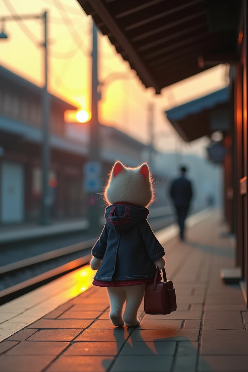 35mm lens，Multiple angles，Back，side，silhouette，Overhead shot，Cat，Standing，doll，Carrying a small school bag，tram，Hokkaido，Autumn Station，Wooden house，Platform， cloak,Ruan Jia,Suit,tie, (Delicate face), (Fine fluffy fur)，（35mm Cinema Lens），（Multi-angle shooting），（many viewing angles）