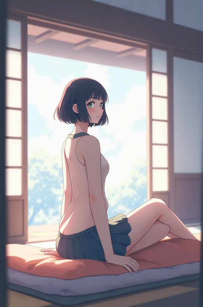 work of art, high resolution, illustration, Kyoto animation style, Its name is cinematic style, natta, midnatta, Lumiere, (1 female: 1.3), (standing alone: 1.4), long eyelashes, short bob, blushing nose, futon, lying down, Kale