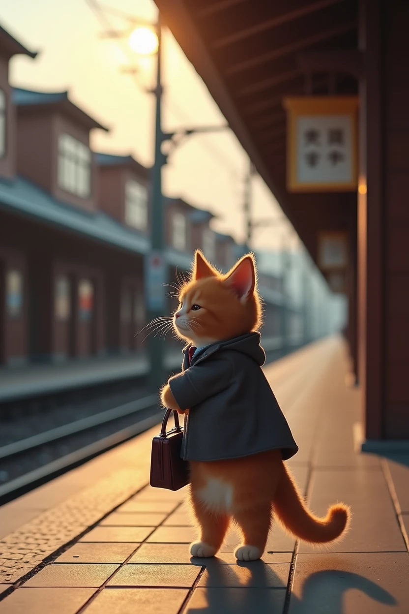 35mm lens,Multiple angles,Back,side,silhouette,Overhead shot,Cat,Standing,doll,Carrying a small school bag,tram,Hokkaido,Autumn Station,Wooden house,Platform, cloak,Ruan Jia,Suit,tie, (Delicate face), (Fine fluffy fur),(35mm Cinema Lens),(Multi-angle shooting),(many viewing angles)