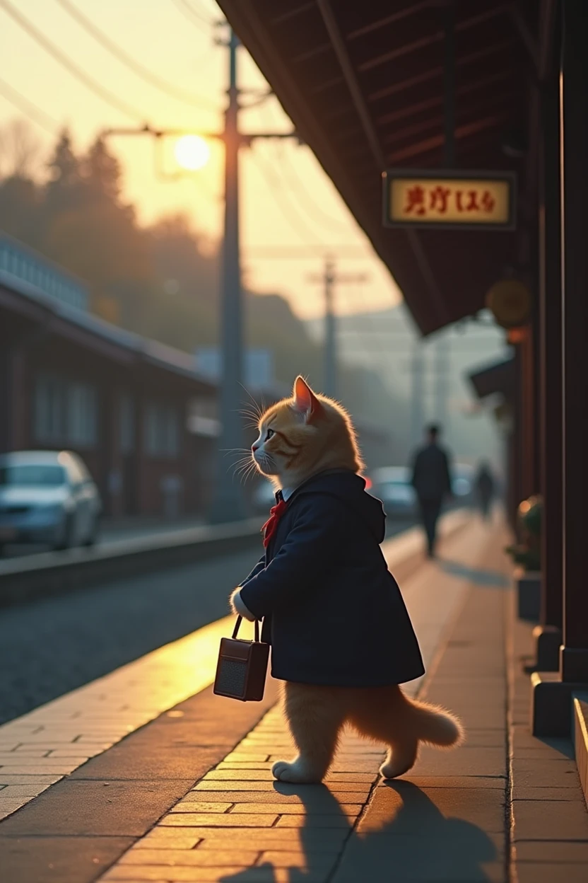 35mm lens,Multiple angles,Back,side,silhouette,Overhead shot,Cat,Standing,doll,Carrying a small school bag,tram,Hokkaido,Autumn Station,Wooden house,Platform, cloak,Ruan Jia,Suit,tie, (Delicate face), (Fine fluffy fur),(35mm Cinema Lens),(Multi-angle shooting),(many viewing angles)