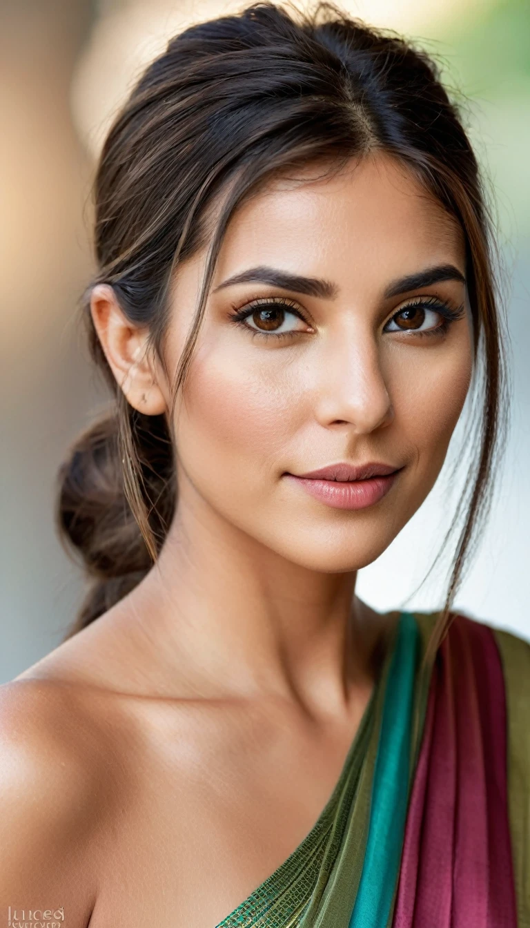 Vertical portrait of a stunning Indian caucasian in her 30s, dressed in a sun-kissed multicolor saree, exuding confidence and determination. Her Trendsetter wolf-cut brown hair falls softly around her face, framing her striking features. Julianne Arrieta-esque charm radiates from her soft smile and full lips, which seem to hint at a thousand secrets. Her black eyes gleam with intensity, as if plotting the next big move in the corporate world - she's a CEO, after all. The sleek, modern composition is set against a smooth, colorized background, emphasizing her sharp jawline and chiseled features. Every detail, from the subtle highlights on her hair to the delicate folds of her saree, is rendered with hyper-realistic precision, making this digital art piece truly breathtaking.