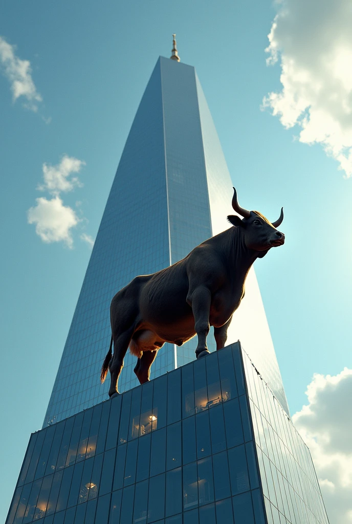 A cow on top of a glass building