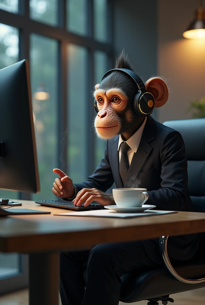 Businessman monkey playing on the computer having tea and listening to heavy metal
