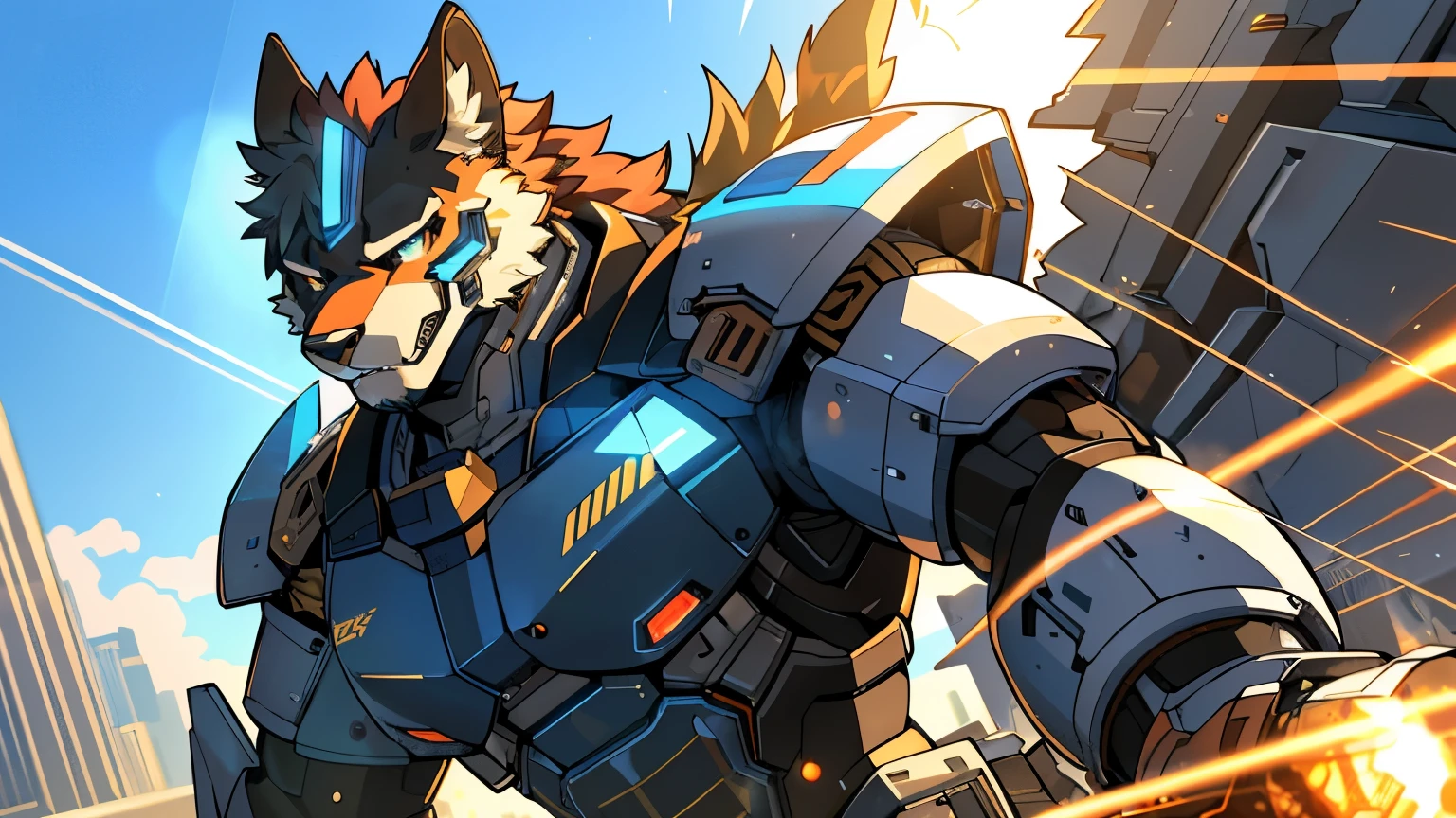 High resolution, Top quality, best quality, High-quality illustrations, An unrivalled masterpiece(War films)(Furry personification:1.7)Giant, Cyberpunk Anime Art, Boy in mecha cyber armor, absurd(Very detailed beautiful face and eyes)Perfect anatomical structure, Express, Caustic lines, Dynamic Lighting, lens flare, Deep Shadows, Various postures, Dynamic Angle