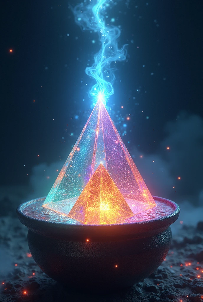 An alchemical pyramid, made of living crystal, floats in a cauldron of creation. Its interior is filled with a magic potion that bubbles and changes color, creating illusions and visions. Three smaller pyramids, each containing a different element, They revolve around the central pyramid, generating a perfect alchemy. A ray of astral light emerges from the apex of the pyramid, connecting it with the stars."