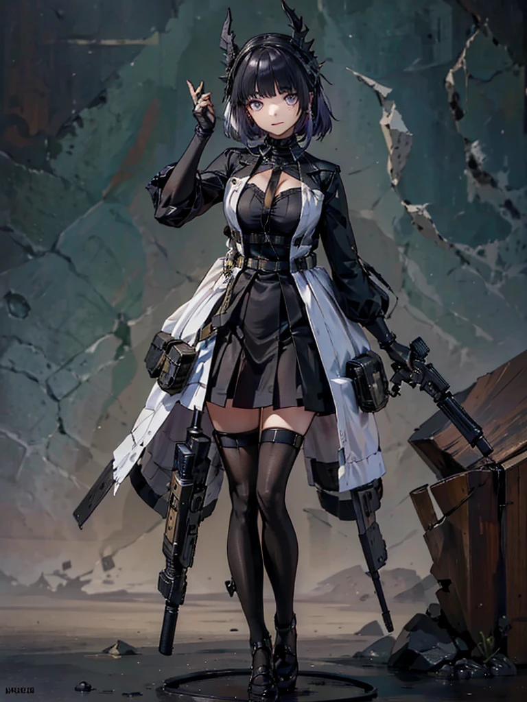 Holding a steampunk long barrel pistol, ((masterpiece_Portraiture)),(beautiful girl),(Pixiv),(Fantasy), In the spotlight, The background is a dark and desolate landscape, Horror movie atmosphere. Her figure is very beautiful, Emphasizing the dark and crazy elements. Skillfully expressing the effects of light and shadow, detailed, The face and expression of the black costume are also carefully drawn.....,(Tilt your head:1.2), ([sketch|watercolor \(Moderate\)]:1.15),Chaotic abstract background, Vector Trace, Gradient blending and whole body, Artistic elements add depth to the work. The overall atmosphere is creepy and nightmarish....., With a unique artistic touch. This movie is、The dark and crazy world of horror movies depicted in HD., Evoke visual stimuli and aesthetic sense