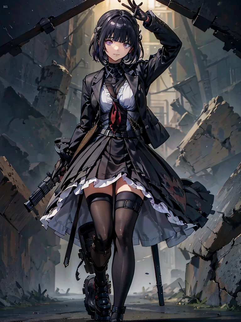 Holding a steampunk long barrel pistol, ((masterpiece_Portraiture)),(beautiful girl),(Pixiv),(Fantasy), In the spotlight, The background is a dark and desolate landscape, Horror movie atmosphere. Her figure is very beautiful, Emphasizing the dark and crazy elements. Skillfully expressing the effects of light and shadow, detailed, The face and expression of the black costume are also carefully drawn.....,(Tilt your head:1.2), ([sketch|watercolor \(Moderate\)]:1.15),Chaotic abstract background, Vector Trace, Gradient blending and whole body, Artistic elements add depth to the work. The overall atmosphere is creepy and nightmarish....., With a unique artistic touch. This movie is、The dark and crazy world of horror movies depicted in HD., Evoke visual stimuli and aesthetic sense