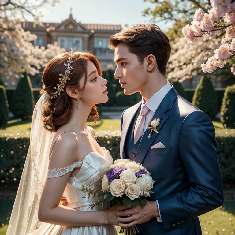 (​masterpiece, best quality:1.5), highest quality, High resolution, super detailed, Realists, Upper body photo of a red-haired flower girl and a boy in a suit, detailed and beautiful eyes, beautiful detailed lips, very detailed eyes and face, longeyelashes, Young girl in a short light blue dress made of shiny satin fabric, Beautiful and colorful makeup, elegant and noble々Pose,shiny satin headband, grind, Holding flowers, Gardens as background, soft daylight, bright colors, fine brushstrokes, Portrait style, Noble details in the dress fabric, beautiful color palette, glowing skin, First-class rendering, that captures every detail, enchanting atmosphere, subtle shadows and lights, (perfect anatomy:1.2), (The stunning flower girl is in love with a boy in a suit. Exchange glances. First kiss. (magnificent panorama view:1.2)