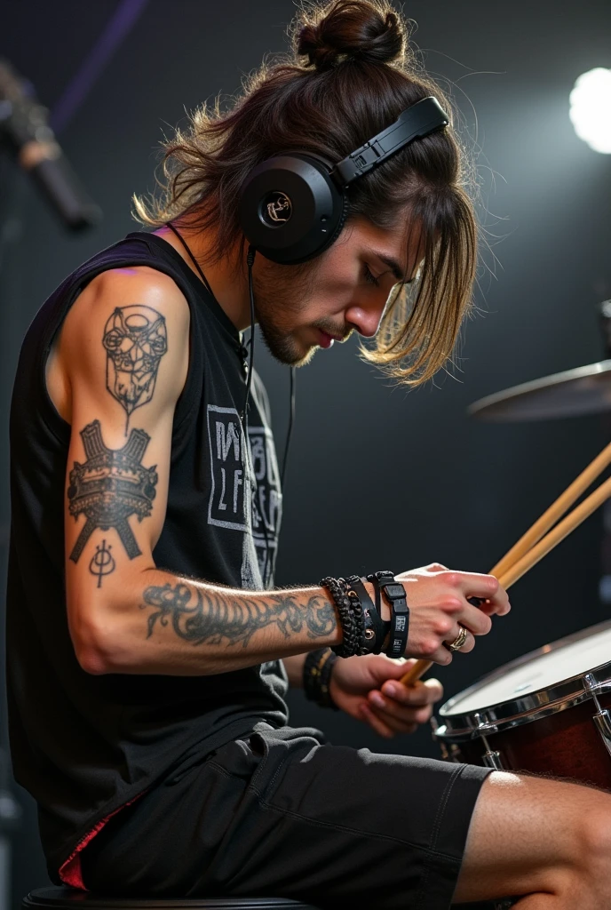 A 28-year-old man, drummer of a punk rock band called Ovelhas Obesas. Lucas is thin and agile, with an almost palpable energy that seems to overflow from him. He has long straight hair, usually tied up in a sloppy bun or left loose during shows, swaying to the frenetic rhythm of your drums. Your skin is tanned, result of many hours outdoors, and he has several tattoos on his arms, including crossed drumsticks and references to bands and musicians he admires. on the stage, Lucas prefers sleeveless t-shirts or tank tops, shorts and sneakers, permitindo total liberdade de movimento. He adopts a casual look, focused on comfort and practicality, but always with a touch of rebellion. He likes to wear clothes that facilitate his quick and precise movements on the drums.. Accessories like leather bracelets and a bandana tied around her arm are part of her signature style.. Off stage, Lucas is almost always seen with headphones on, listening to music or drumming on any available surface.