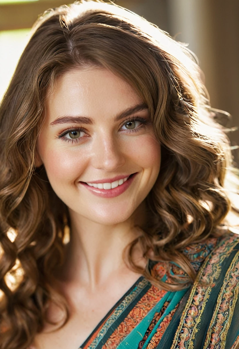 A cheerful, Caucasian woman with long, wavy brown hair dressed in a richly patterned saree, her face lit by natural light as she poses for a close-up headshot