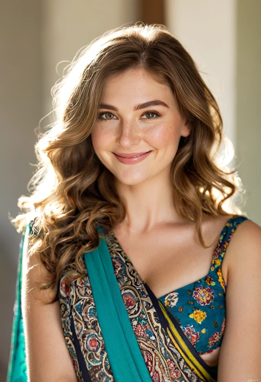 A cheerful, Caucasian woman with long, wavy brown hair dressed in a richly patterned saree, her face lit by natural light as she poses for a close-up headshot