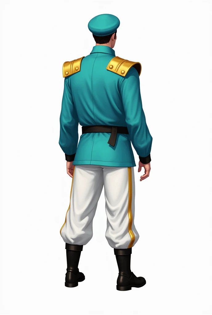 A man wearing white pants with a gold line on the sides and a turquoise blue long-sleeved shirt, black shoes and black sash, turquoise blue hat, golden shoulder pads.