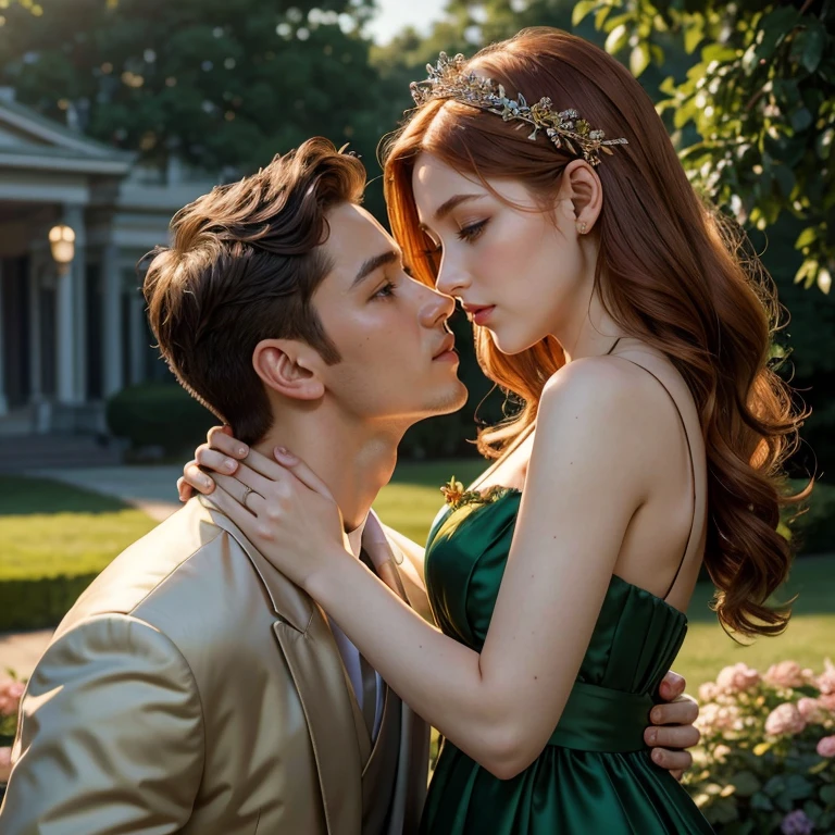 (masterpiece, best quality:1.5), highest quality, High resolution, super detailed, Realists, Upper body photo of a red-haired flower girl and a boy in a suit, detailed and beautiful eyes, beautiful detailed lips, very detailed eyes and face, longeyelashes, Young girl in a short light green dress made of shiny satin fabric, Beautiful and colorful makeup, elegant and noble々Pose,shiny satin headband, grind, Holding flowers, Gardens as background, soft daylight, bright colors, fine brushstrokes, Portrait style, Noble details in the dress fabric, beautiful color palette, glowing skin, First-class rendering, that captures every detail, enchanting atmosphere, subtle shadows and lights, (perfect anatomy:1.2), (The stunning flower girl is in love with a boy in a suit. Exchanging glances. First kiss. (magnificent panorama view:1.2)