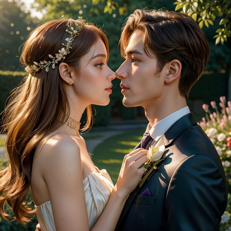 (masterpiece, best quality:1.5), highest quality, High resolution, super detailed, Realists, Upper body photo of a red-haired flower girl and a boy in a suit, detailed and beautiful eyes, beautiful detailed lips, very detailed eyes and face, longeyelashes, Young girl in a short light green dress made of shiny satin fabric, Beautiful and colorful makeup, elegant and noble々Pose,shiny satin headband, grind, Holding flowers, Gardens as background, soft daylight, bright colors, fine brushstrokes, Portrait style, Noble details in the dress fabric, beautiful color palette, glowing skin, First-class rendering, that captures every detail, enchanting atmosphere, subtle shadows and lights, (perfect anatomy:1.2), (The stunning flower girl is in love with a boy in a suit. Exchanging glances. First kiss. (magnificent panorama view:1.2)