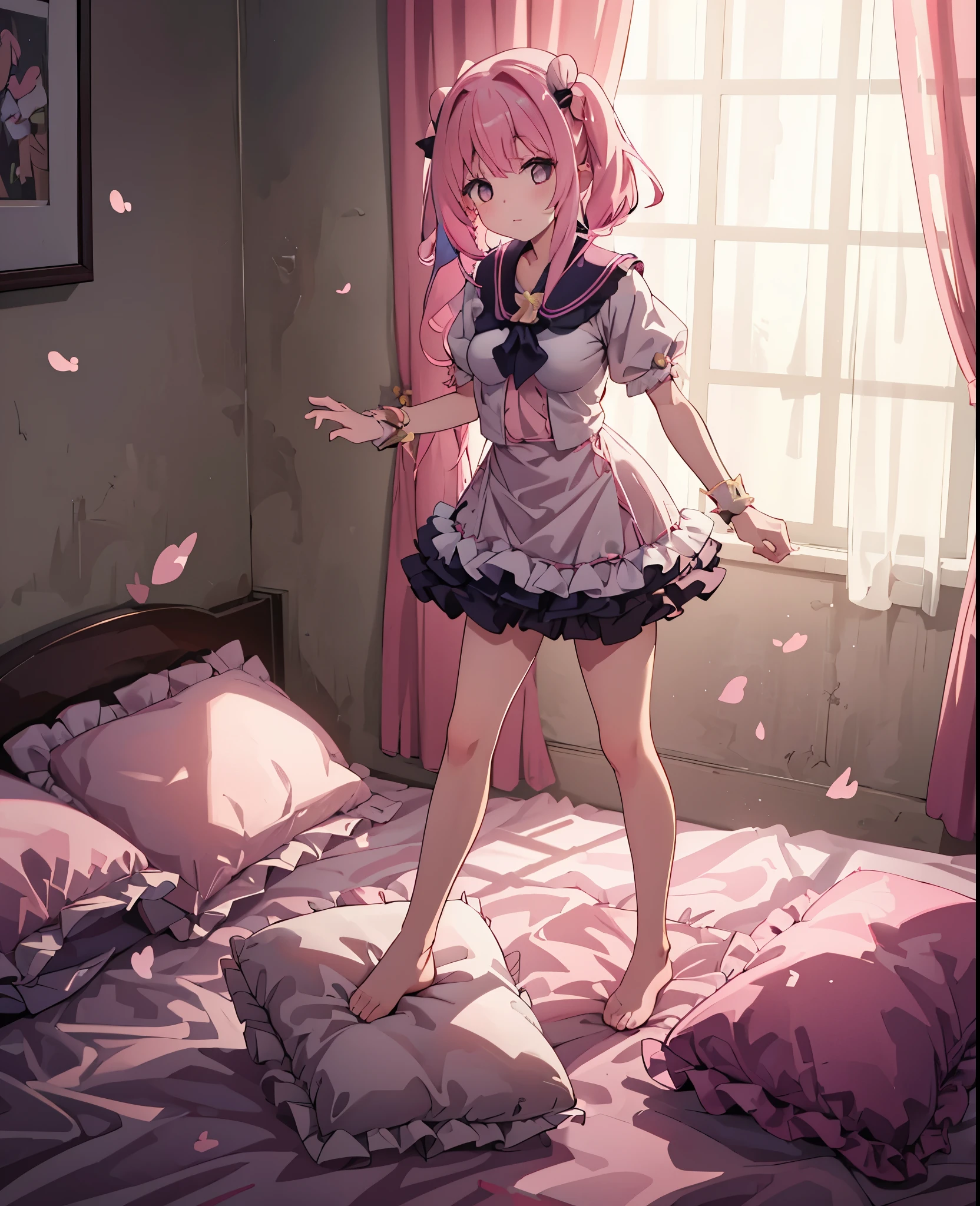 （best quality， masterpiece），full body, 1 girl, solo, mine ,nsfw, details, (Light and shadow oxtail , Cute girl posing on pillow ，standing on pillow，，（pillow), large pillow, (((colorful))), color correction, pink hair, frilled pillow,pink pillow, 