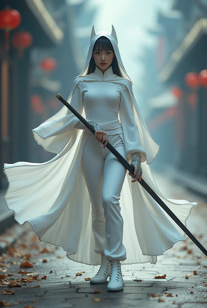 superhero, modern super hero costume, white bat costume, style like a blackbat suit, suit for girl, ninja, with a Chinese sword, Beautiful Chinese woman, Chinese woman with bangs, courageous character, Kind, Brave, determination, on the battlefield, atmospheric perspective, Motion blur, 8k, super detailing, Best quality, uhd, high detail