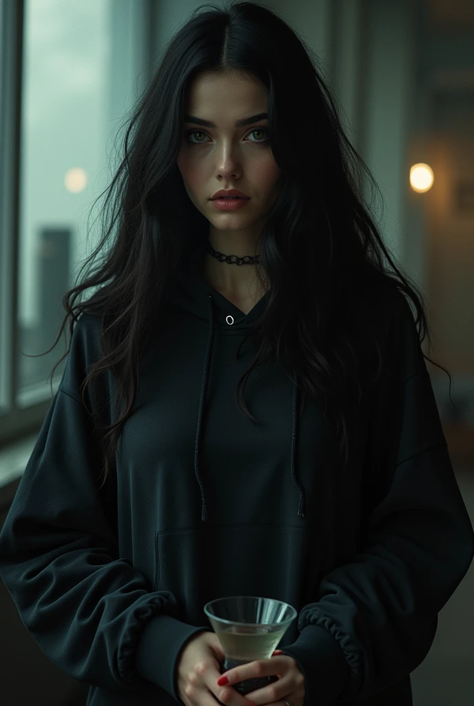 Long Black Hair、the body is thick、girl、Wearing a faded black hoodie、Have a highball、Eyes are slanted、Face is big and puffy、Thick eyebrows、Duck mouth