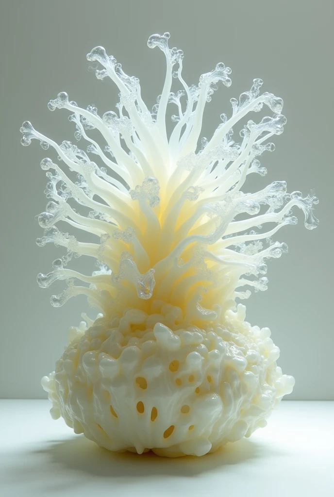 "Create an image of a jelly form model that represents the supportive structure of a cabbage. The model should have a central core with thin, rigid elements extending outward from the core in a layered, branching pattern, similar to the internal support system of a cabbage."