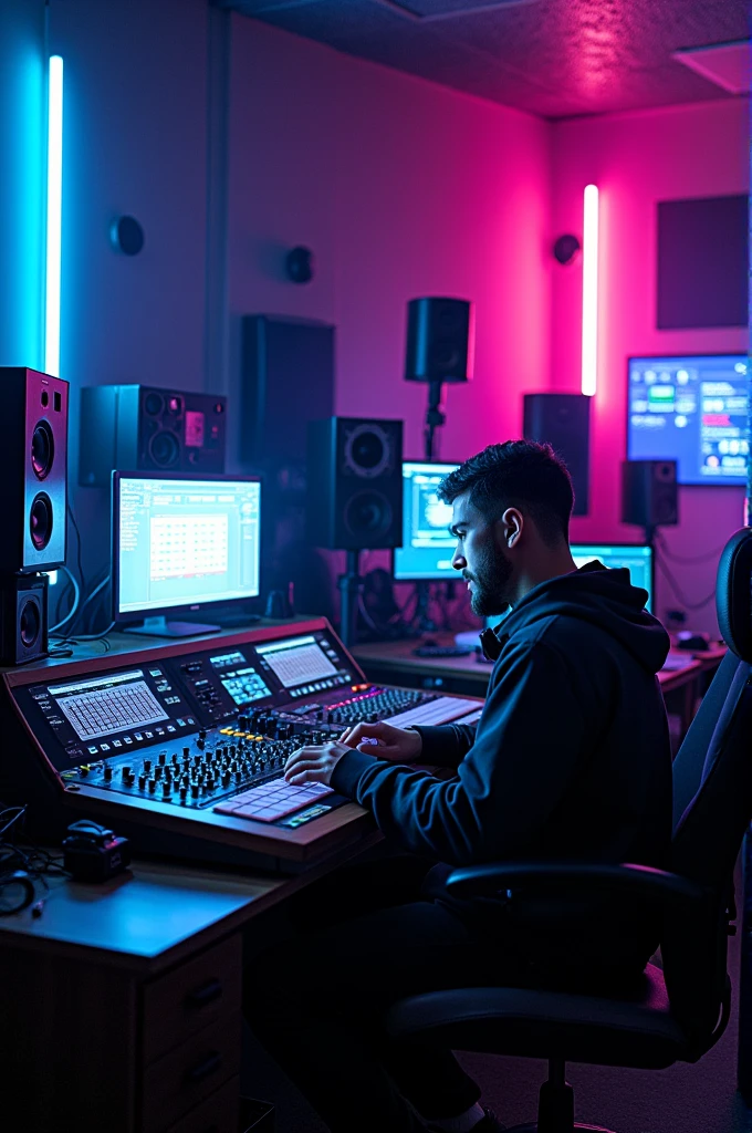 A man record his audio with full equipment in neon art