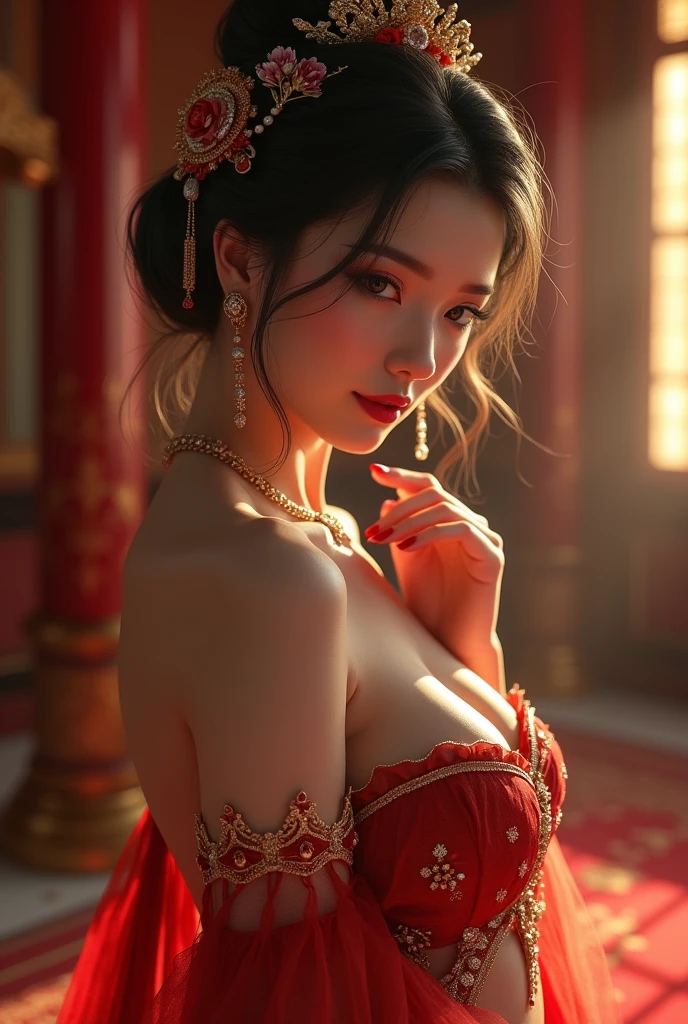 score_9, score_8_up, score_7_up, 1girl, magnificent body, flawless skin, grand setting, oriental princess in her palace Padishah, just had passionate coitus, she is beautiful and very hot, she exudes desire, she caresses herself, opens her vagina with her fingers, solo