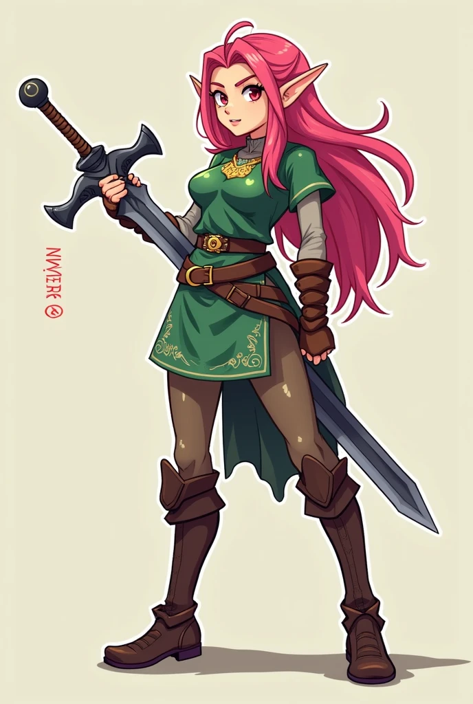 Stylized, anime-type pixel art featuring a woman in a full body heroic pose. The character has pink hair, ELF ears, and is wearing a green tunic. holding a sword. The illustration has a bold, outlined style with vibrant colors and a sense of action and adventure.