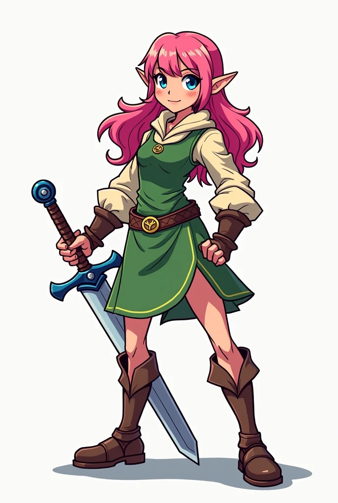 Stylized, anime-type pixel art featuring a woman in a full body heroic pose. The character has pink hair, ELF ears, and is wearing a green tunic.  holding a sword. The illustration has a bold, outlined style with vibrant colors and a sense of action and adventure.