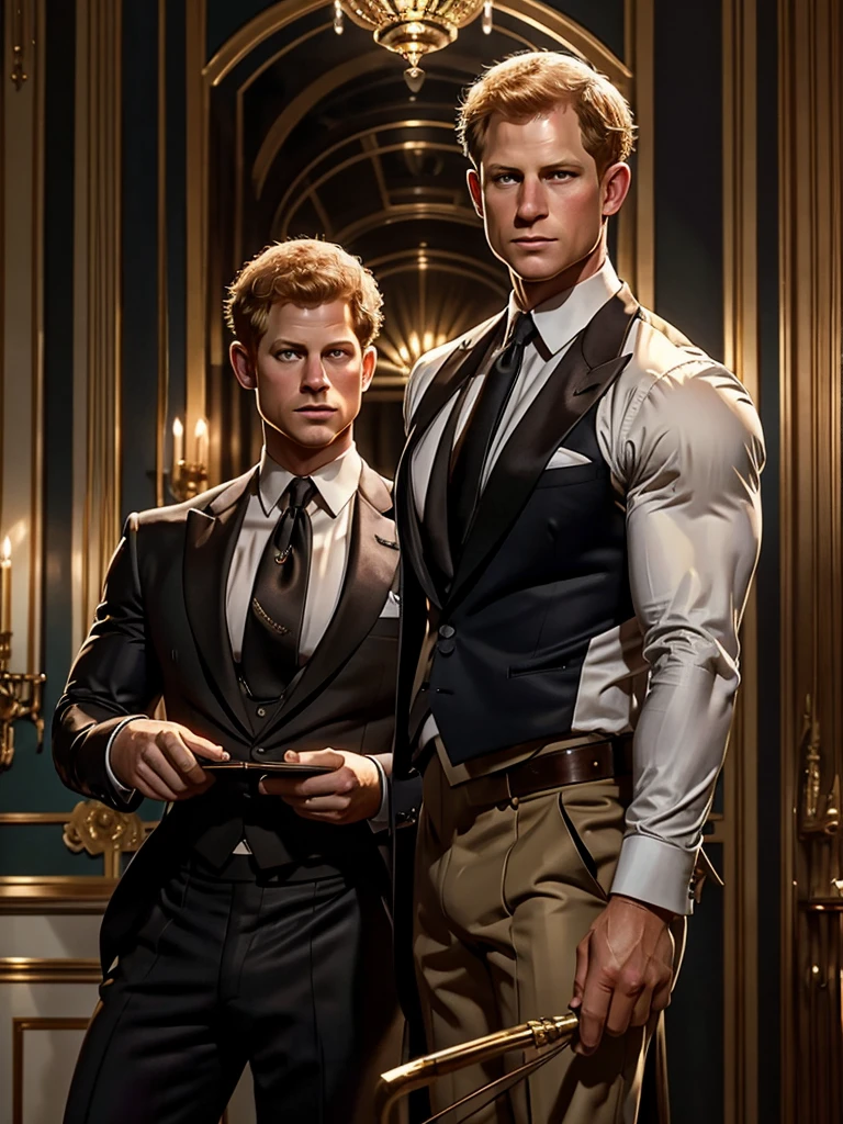 lustration in Leyendecker style : Muscular and pumped-up Prince Harry as James Bond , Agent 007, in an expensive suit